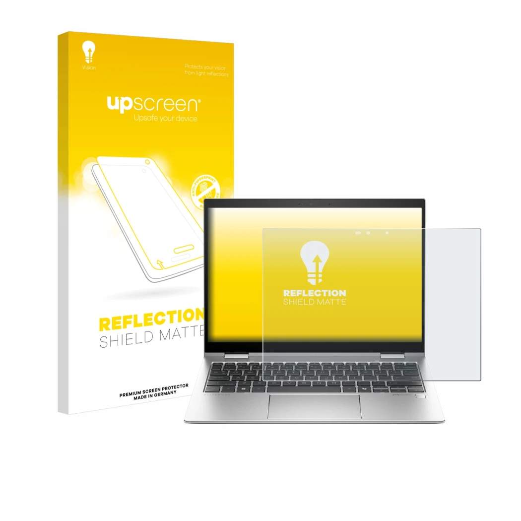 Face avant d’un emballage produit avec le logo de la marque upscreen. À côté, l’appareil HP Elite x360 830 G11 2-in-1 est repr