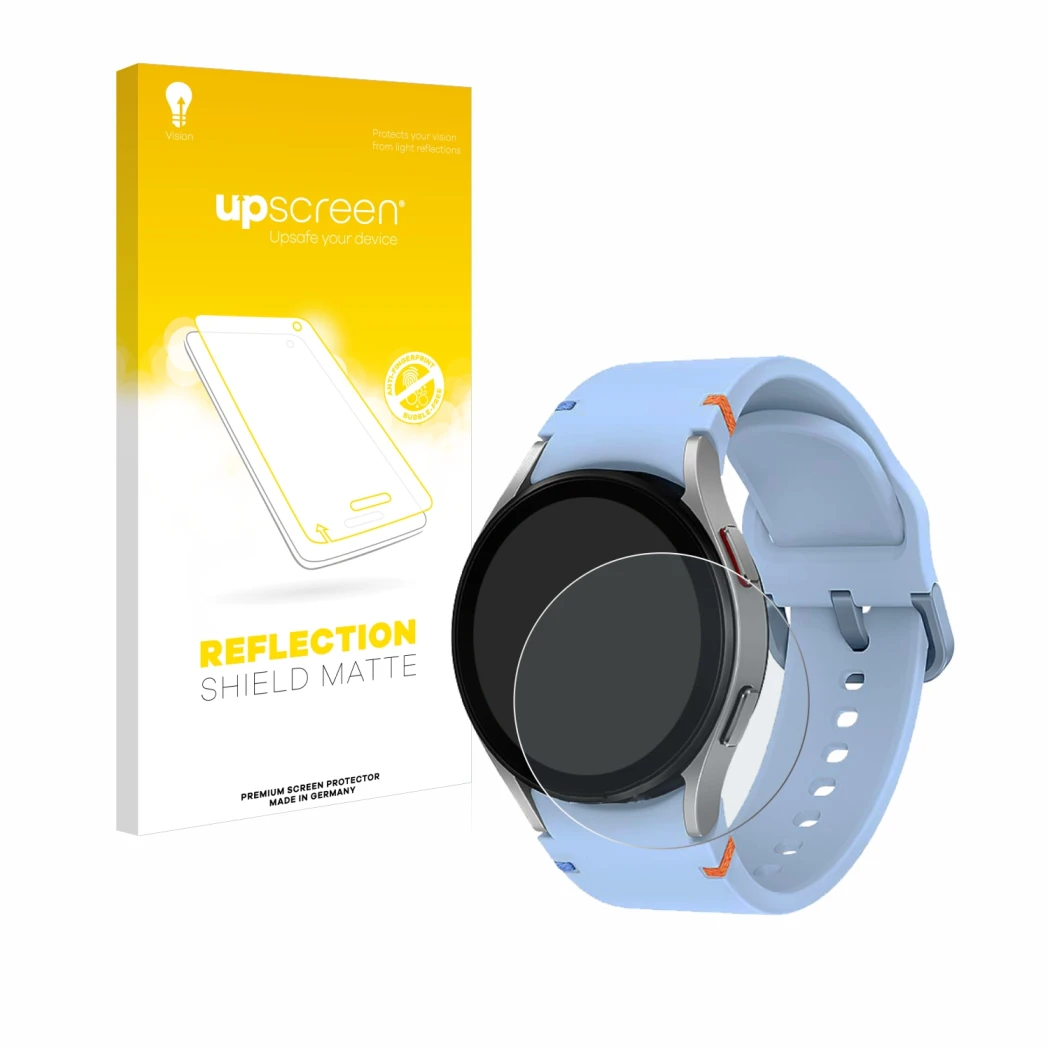 Face avant d’un emballage produit avec le logo de la marque upscreen. À côté, l’appareil Samsung Galaxy Watch FE est représent