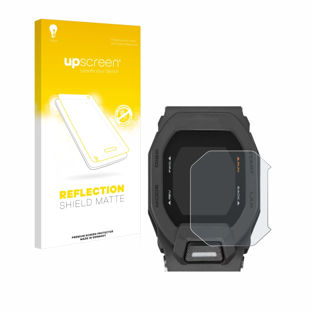 Face avant d’un emballage produit avec le logo de la marque upscreen. À côté, l’appareil Casio G-Shock GBD-200 est représenté 