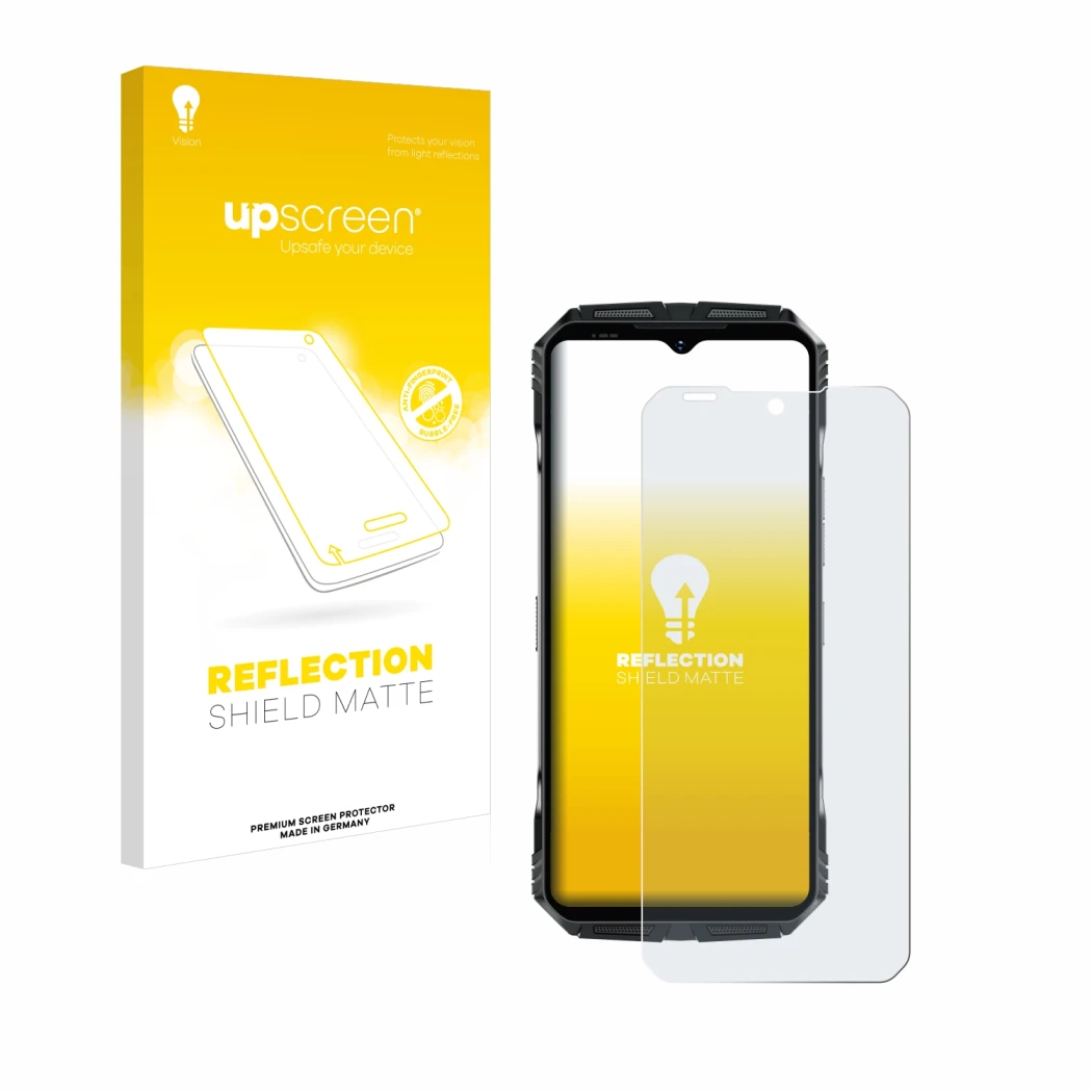 Face avant d’un emballage produit avec le logo de la marque upscreen. À côté, l’appareil Doogee S118 est représenté avec la pr