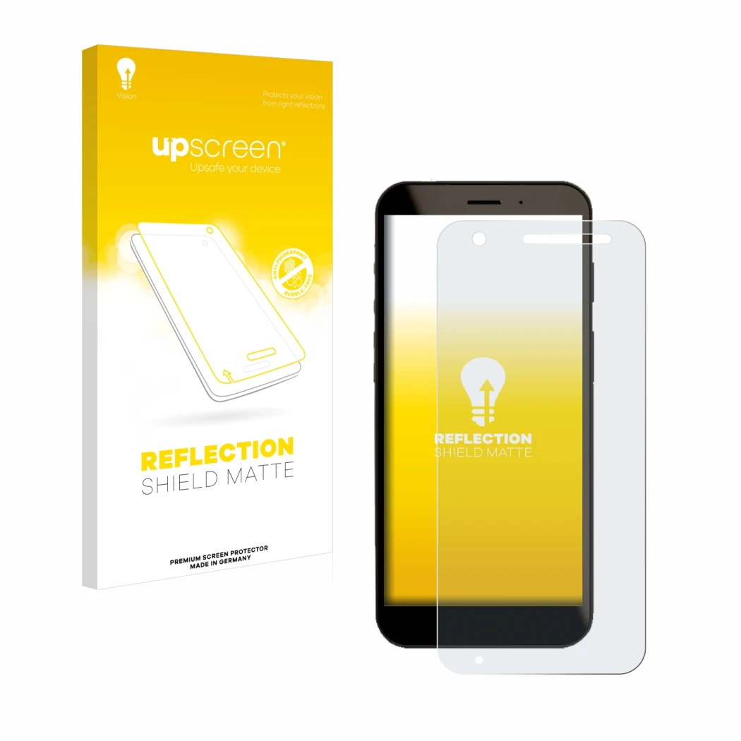 Face avant d’un emballage produit avec le logo de la marque upscreen. À côté, l’appareil Datalogic Memor 30 / 35 est représent