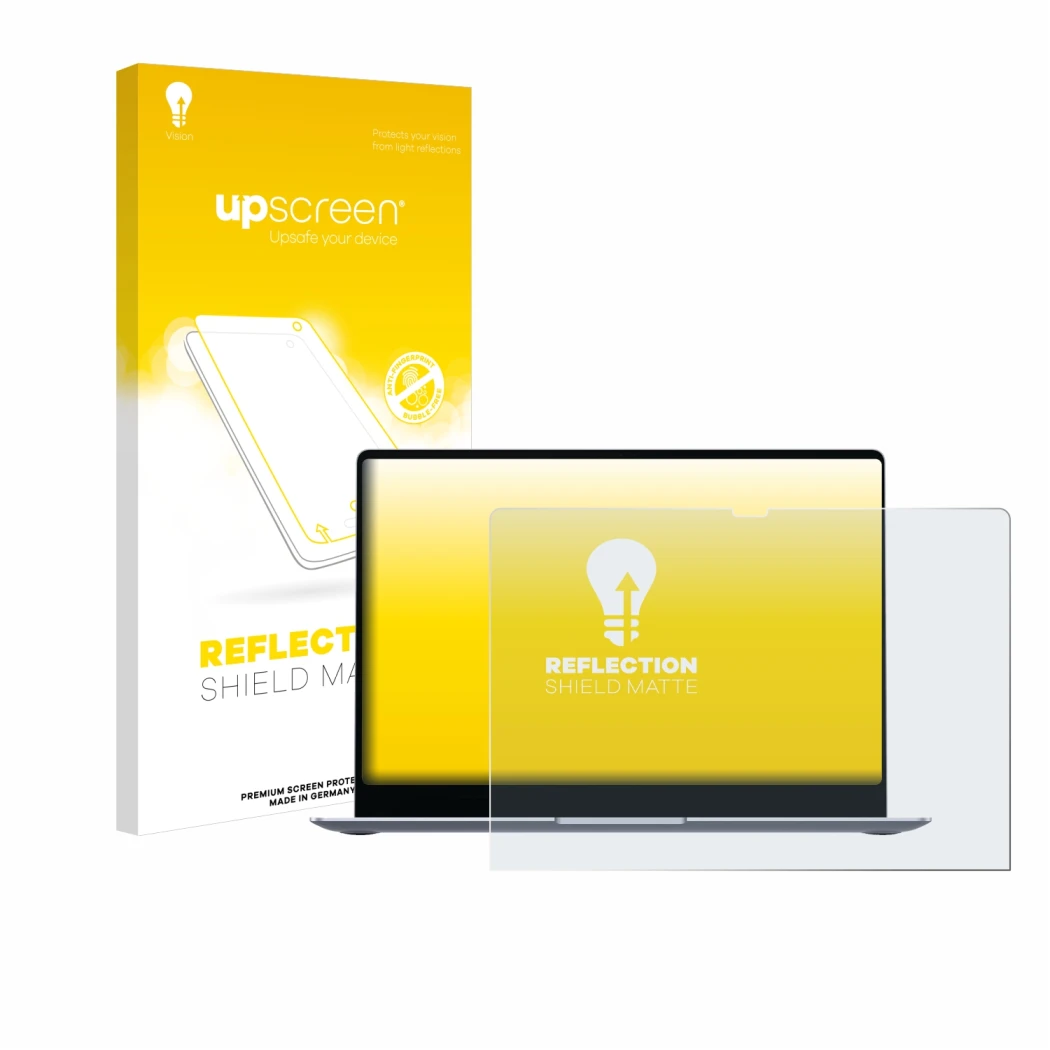 Face avant d’un emballage produit avec le logo de la marque upscreen. À côté, l’appareil Samsung Galaxy Book4 Edge 14