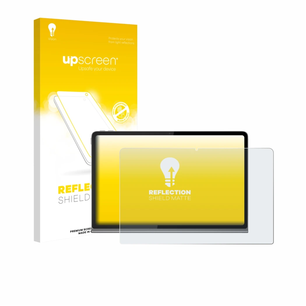 Face avant d’un emballage produit avec le logo de la marque upscreen. À côté, l’appareil Lenovo Tab Plus est représenté avec l