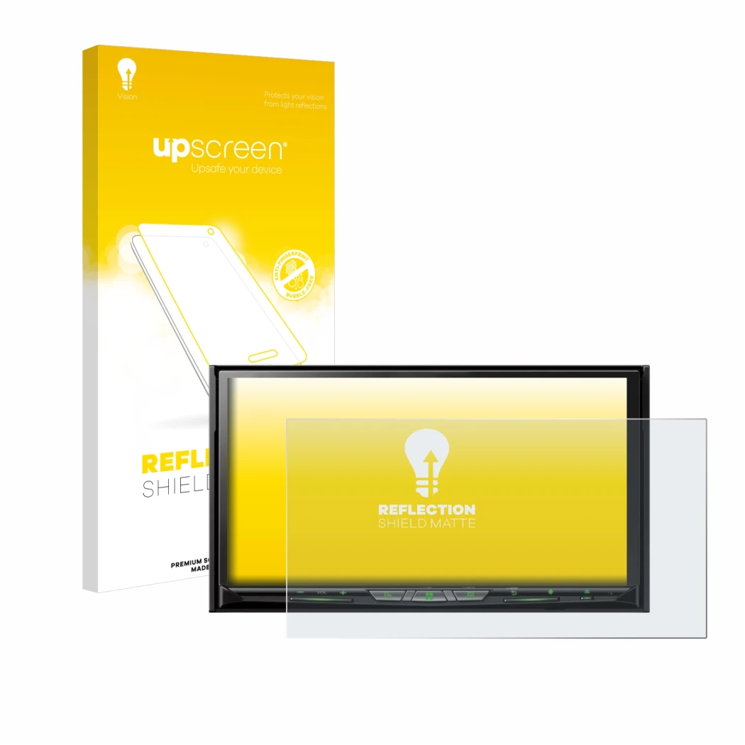 Face avant d’un emballage produit avec le logo de la marque upscreen. À côté, l’appareil Pioneer AVH-Z9200DAB est représenté a