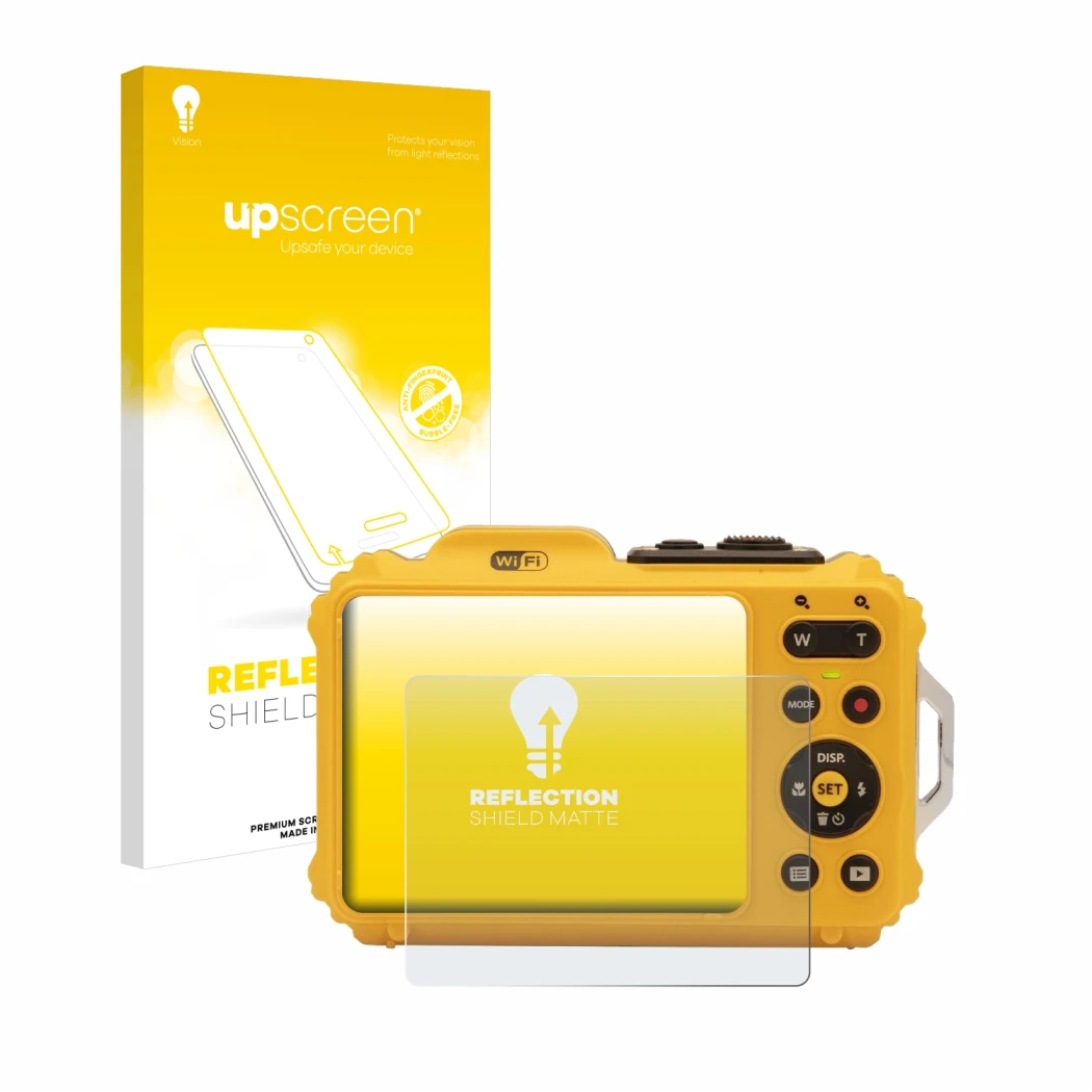 Face avant d’un emballage produit avec le logo de la marque upscreen. À côté, l’appareil Kodak Pixpro WPZ2 est représenté avec