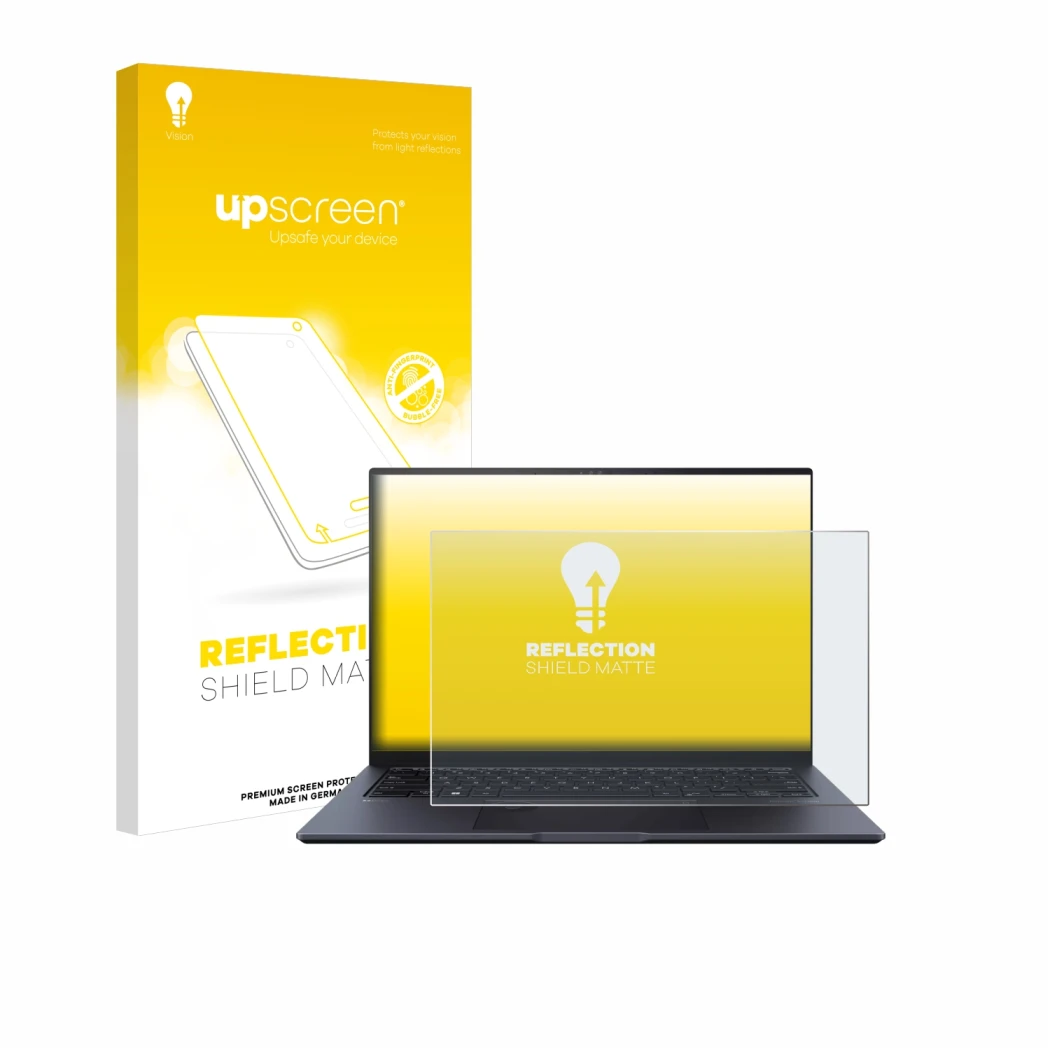 Face avant d’un emballage produit avec le logo de la marque upscreen. À côté, l’appareil ASUS ZenBook Pro 14 UX6404V est repré