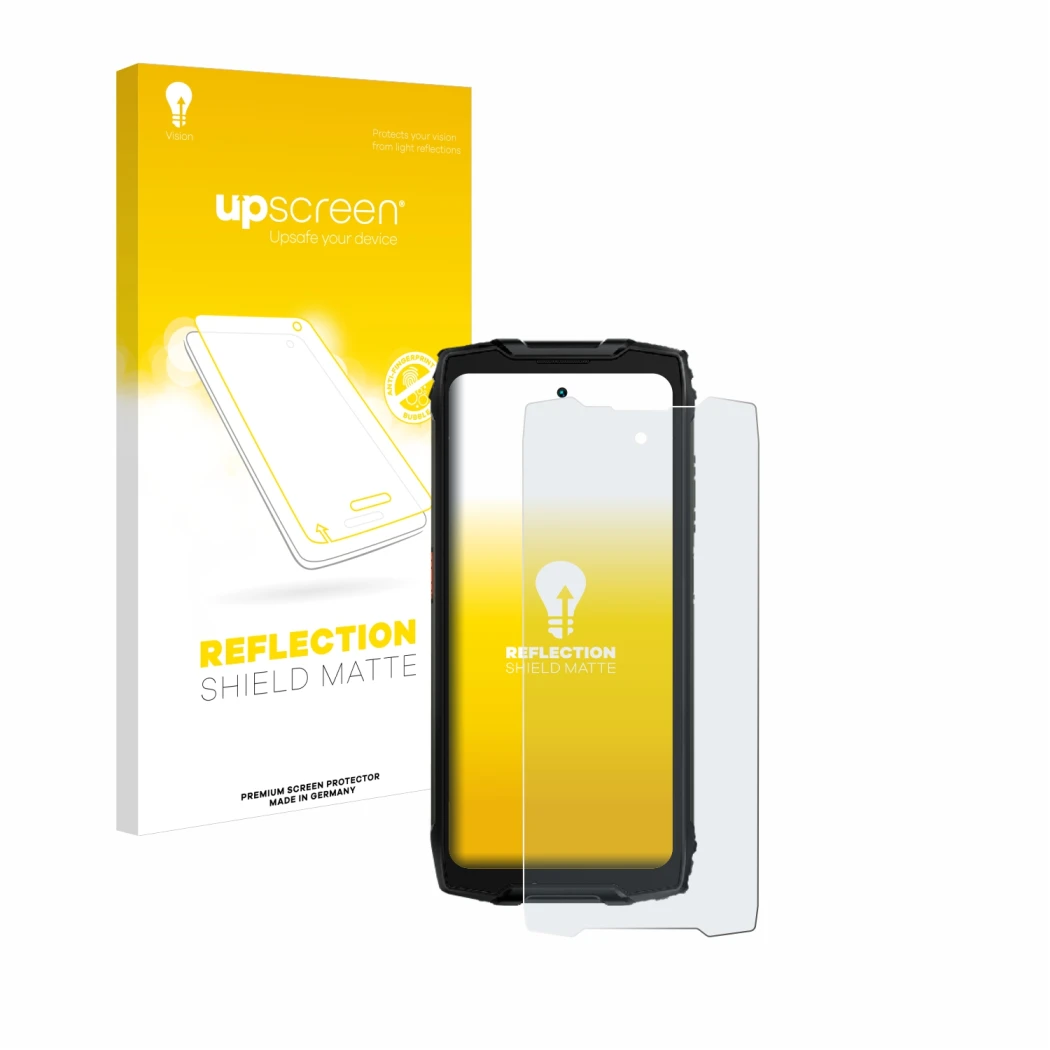 Face avant d’un emballage produit avec le logo de la marque upscreen. À côté, l’appareil Blackview BV9300 Pro est représenté a