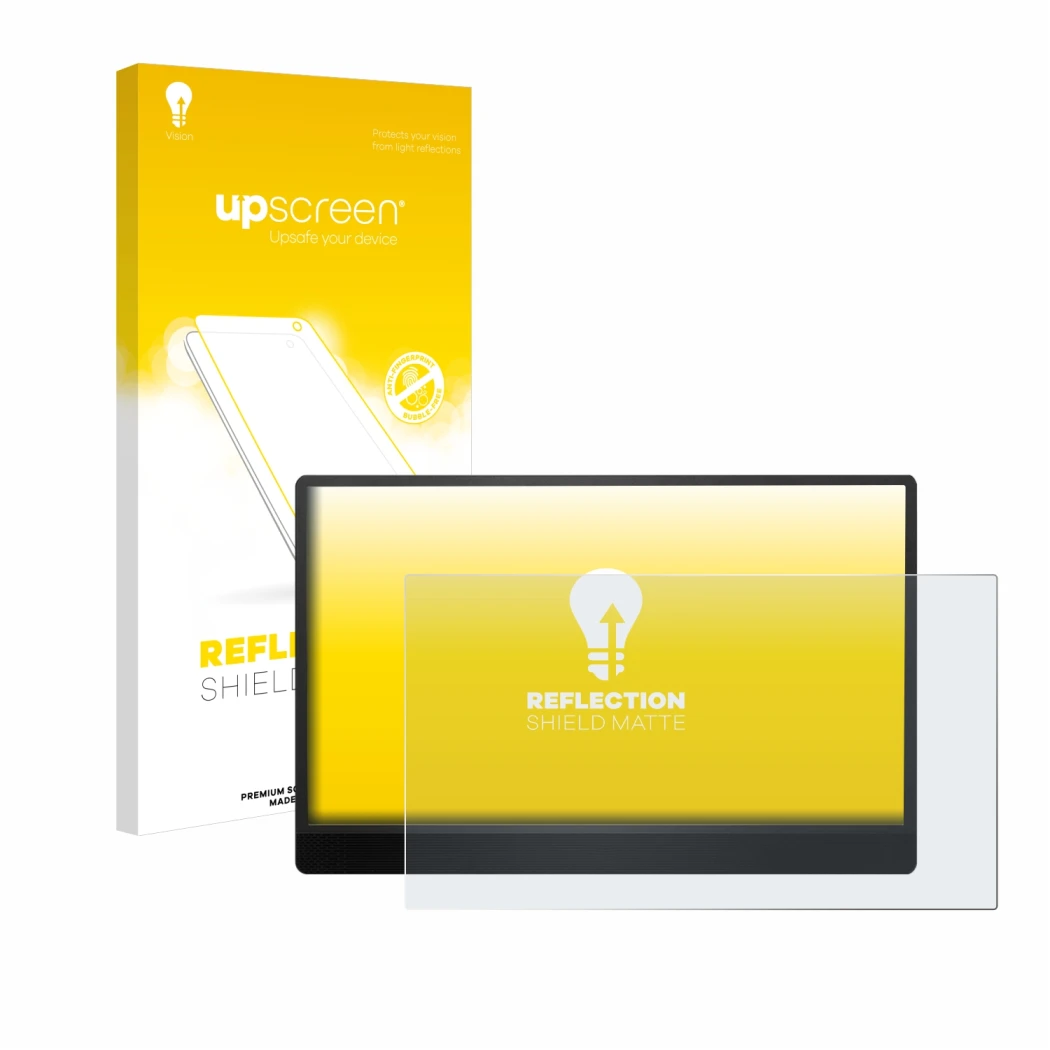 Face avant d’un emballage produit avec le logo de la marque upscreen. À côté, l’appareil MSI Pro MP161 E2 est représenté avec