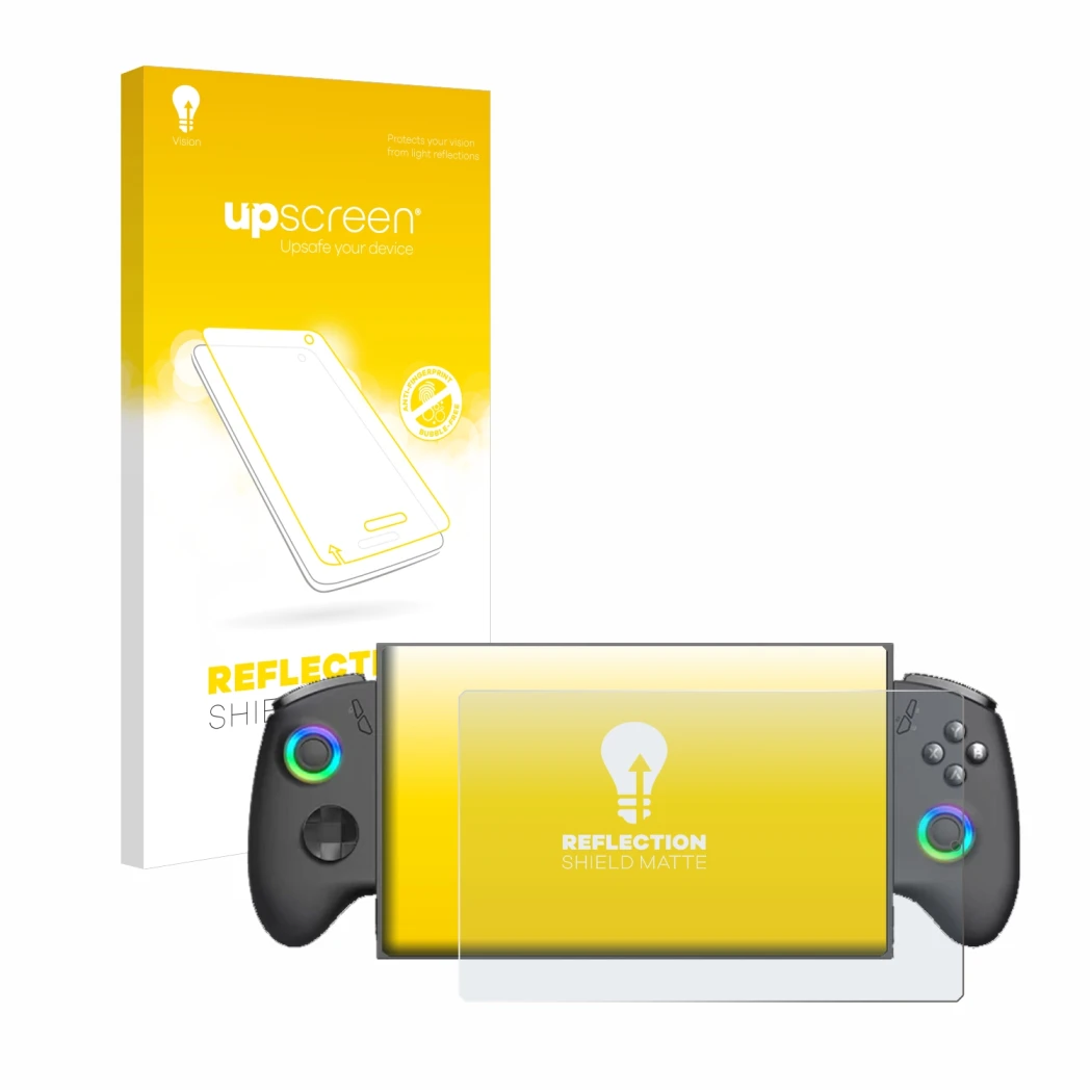 Face avant d’un emballage produit avec le logo de la marque upscreen. À côté, l’appareil OneXPlayer X1 Mini est représenté ave