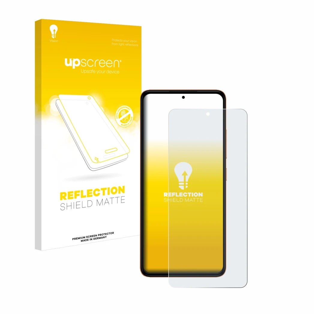 Face avant d’un emballage produit avec le logo de la marque upscreen. À côté, l’appareil HMD Pulse est représenté avec la prot