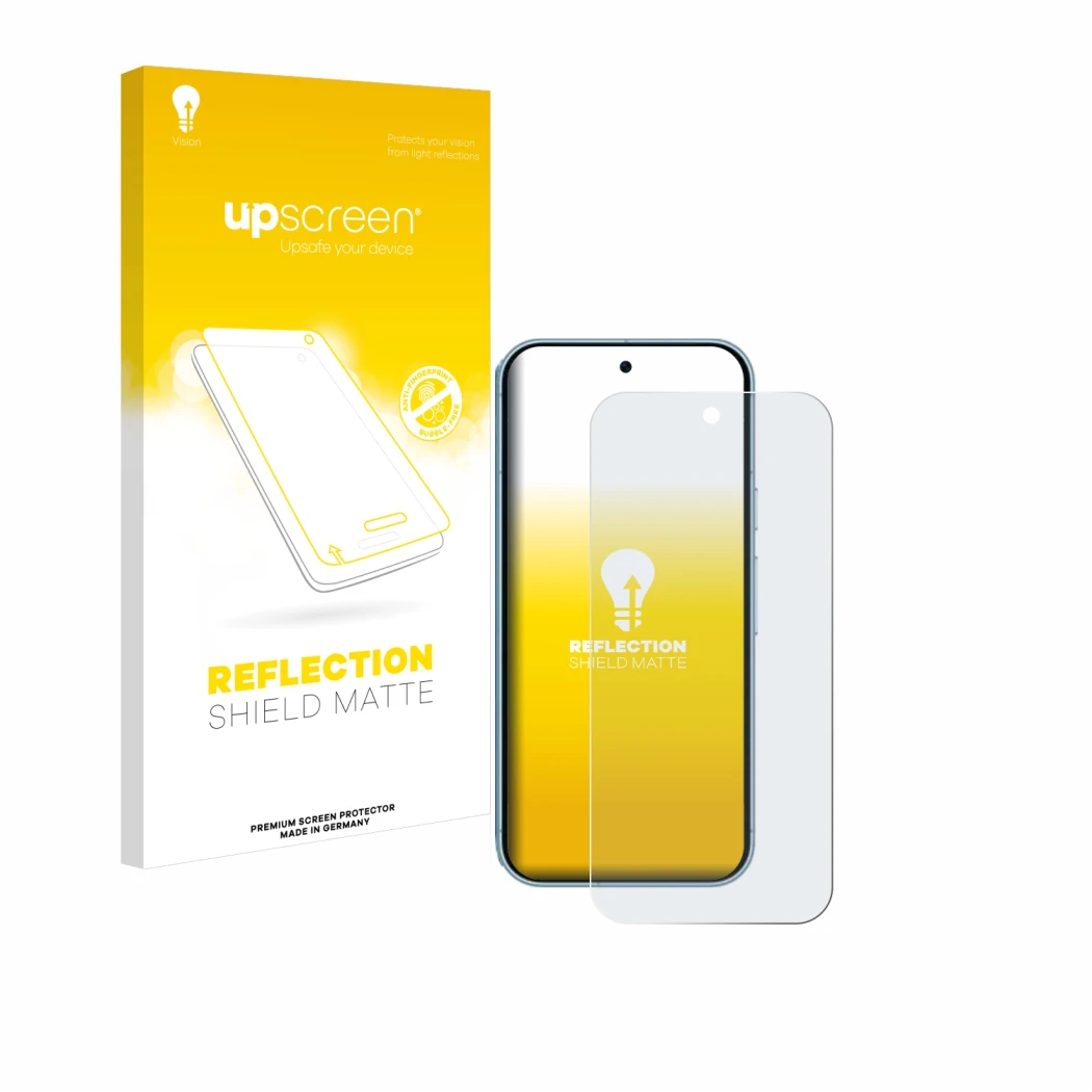 Face avant d’un emballage produit avec le logo de la marque upscreen. À côté, l’appareil Google Pixel 9 est représenté avec la