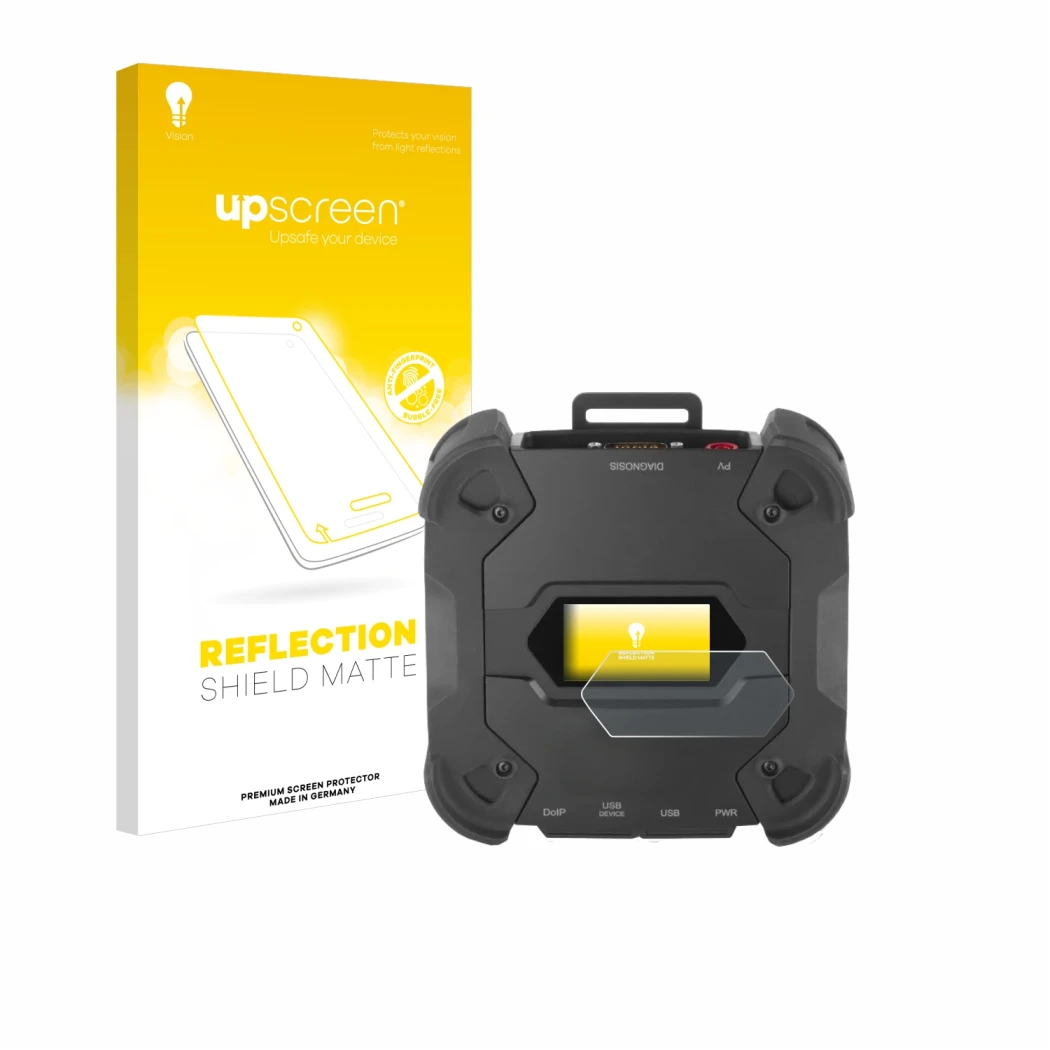 Face avant d’un emballage produit avec le logo de la marque upscreen. À côté, l’appareil Texa TXT MULTIHUB est représenté avec