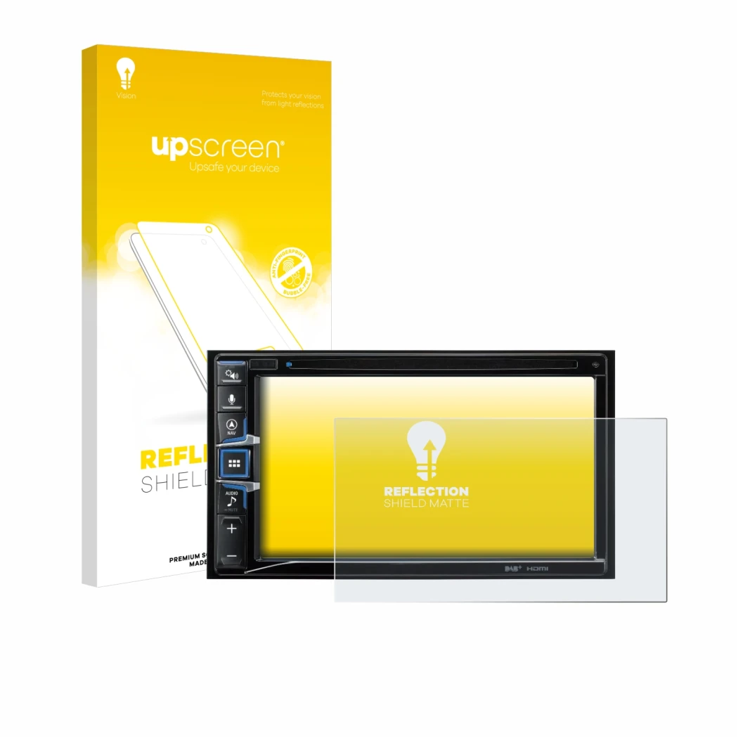 Face avant d’un emballage produit avec le logo de la marque upscreen. À côté, l’appareil Alpine INE-W611D est représenté avec 