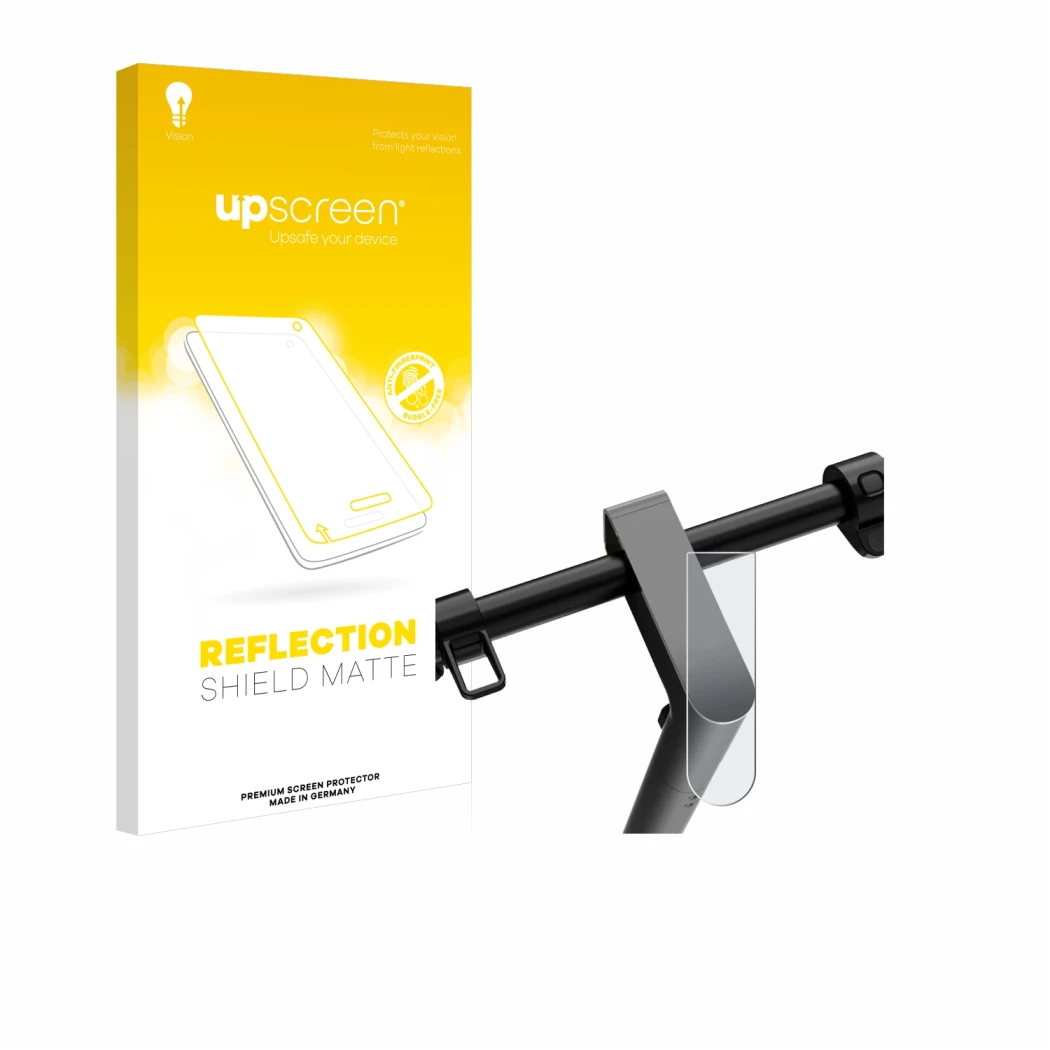 Face avant d’un emballage produit avec le logo de la marque upscreen. À côté, l’appareil Navee S65 est représenté avec la prot