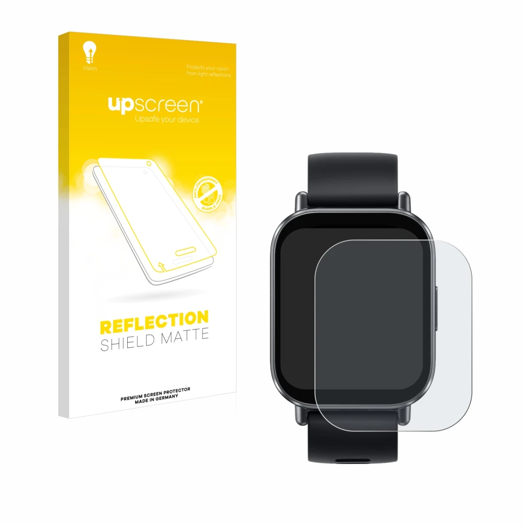 Face avant d’un emballage produit avec le logo de la marque upscreen. À côté, l’appareil Xiaomi Redmi Watch 5 Active est repré