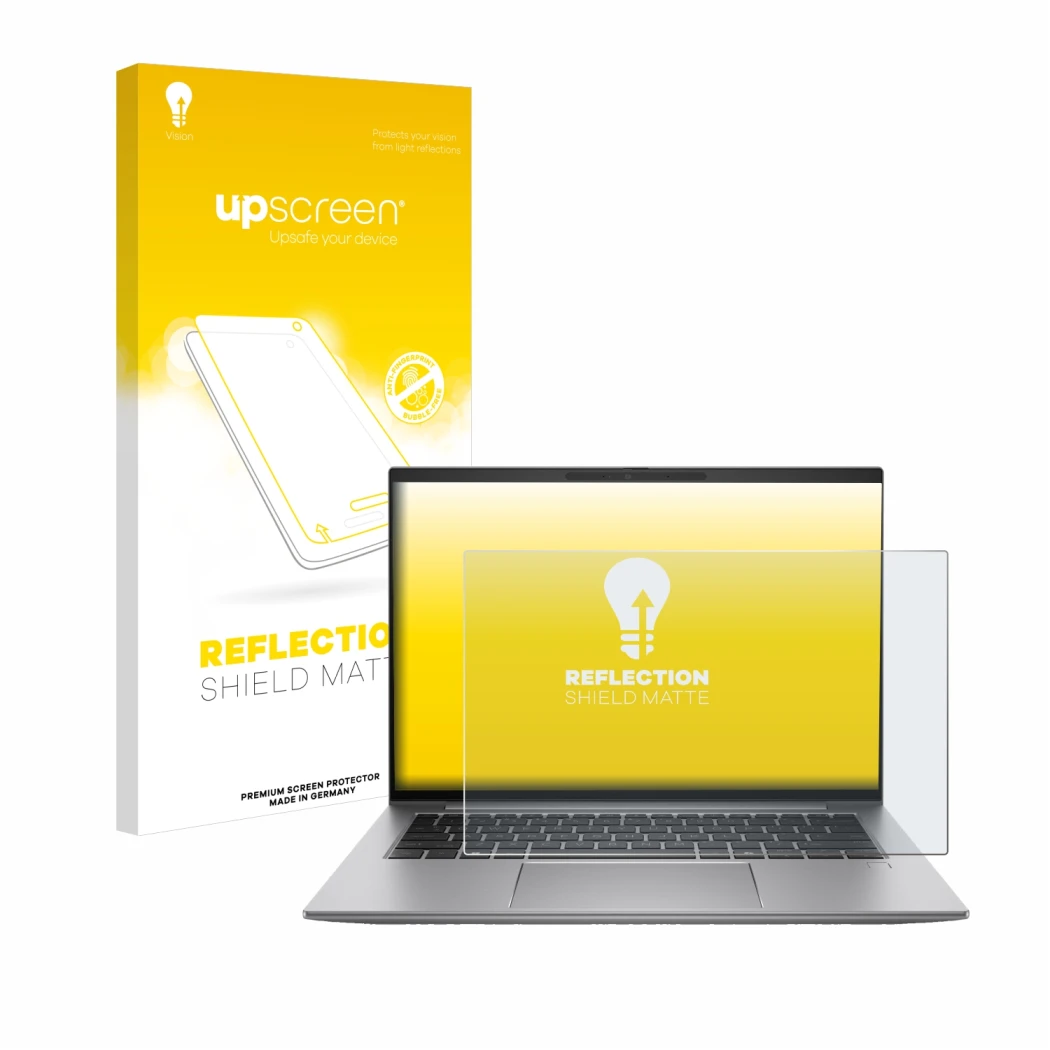 Face avant d’un emballage produit avec le logo de la marque upscreen. À côté, l’appareil HP Zbook Firefly 14 G11 est représent