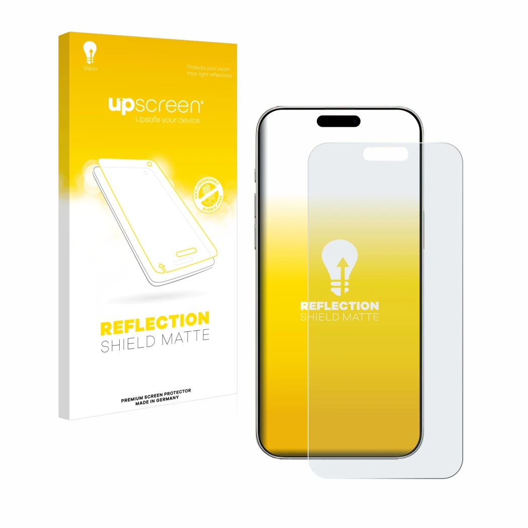 Face avant d’un emballage produit avec le logo de la marque upscreen. À côté, l’appareil Apple iPhone 16 Pro Max est représent