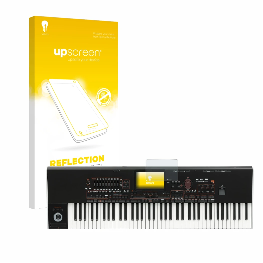 Face avant d’un emballage produit avec le logo de la marque upscreen. À côté, l’appareil KORG Pa4x est représenté avec la prot