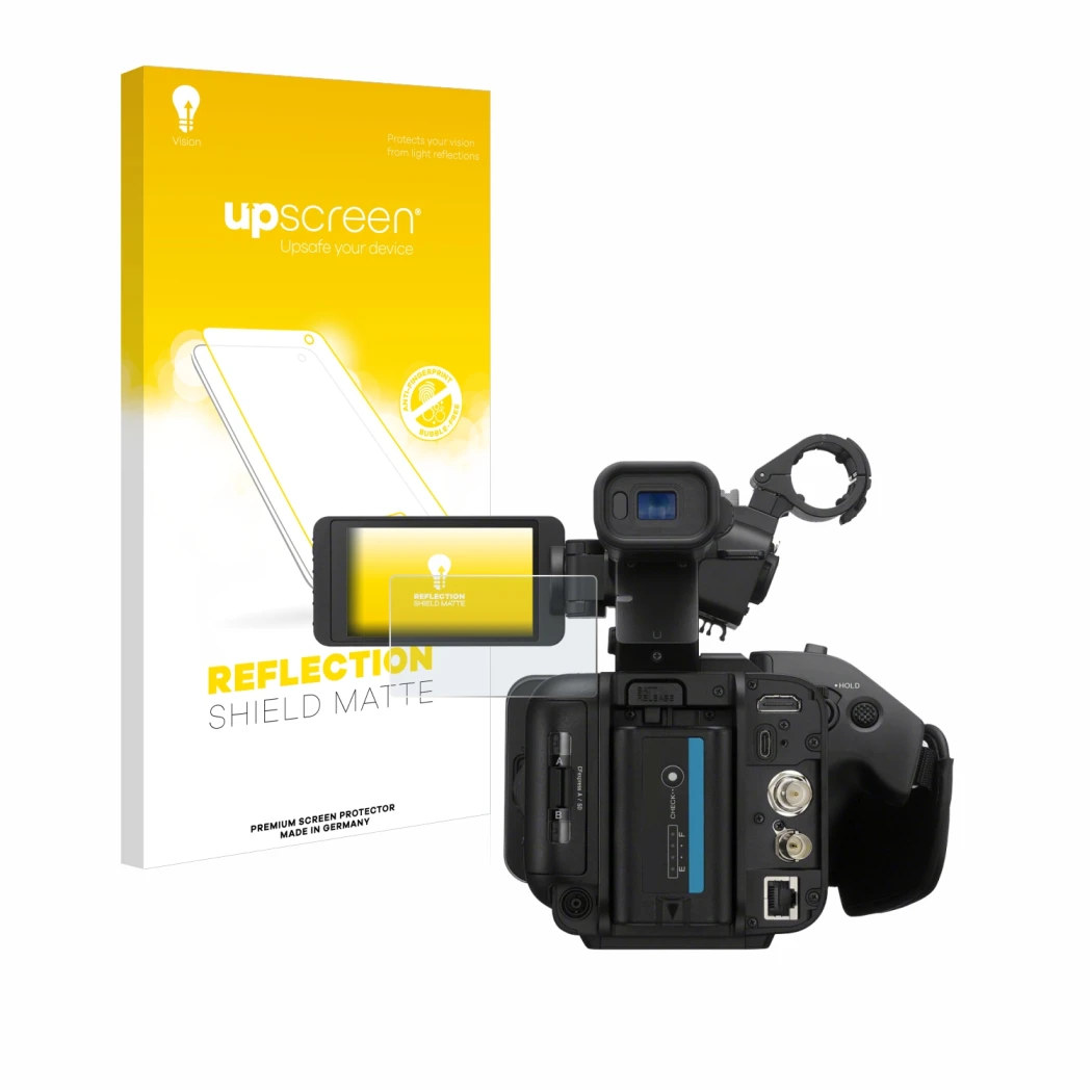 Face avant d’un emballage produit avec le logo de la marque upscreen. À côté, l’appareil Sony PXW-Z200 est représenté avec la