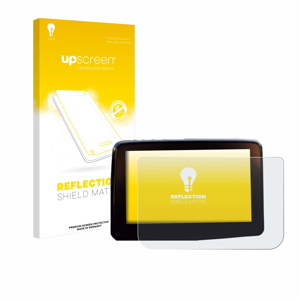 Face avant d’un emballage produit avec le logo de la marque upscreen. À côté, l’appareil Mazda 2 BJ 2024 est représenté avec l