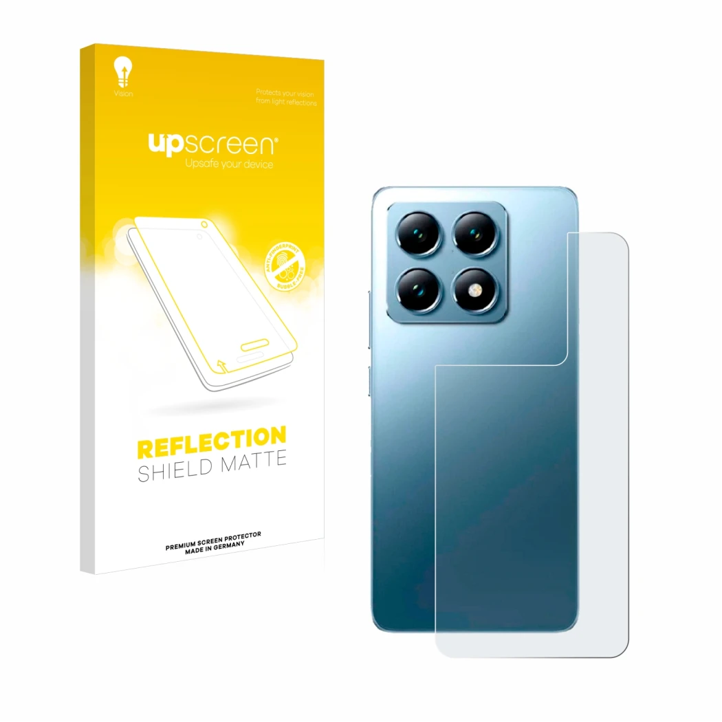 Face avant d’un emballage produit avec le logo de la marque upscreen. À côté, l’appareil Xiaomi 14T Pro (Arrière) est représen
