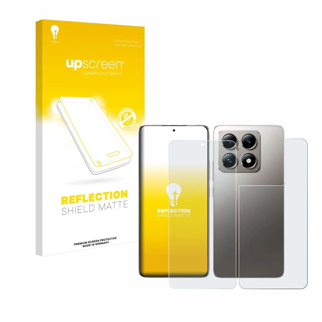 Face avant d’un emballage produit avec le logo de la marque upscreen. À côté, l’appareil Xiaomi 14T (Avant+Arrière) est représ