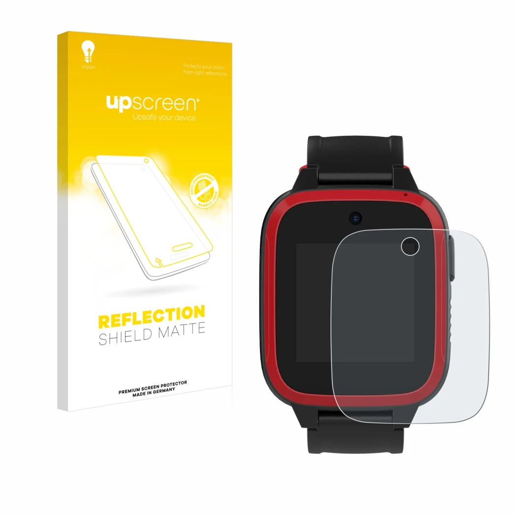 Face avant d’un emballage produit avec le logo de la marque upscreen. À côté, l’appareil Xplora Let's Go est représenté avec l