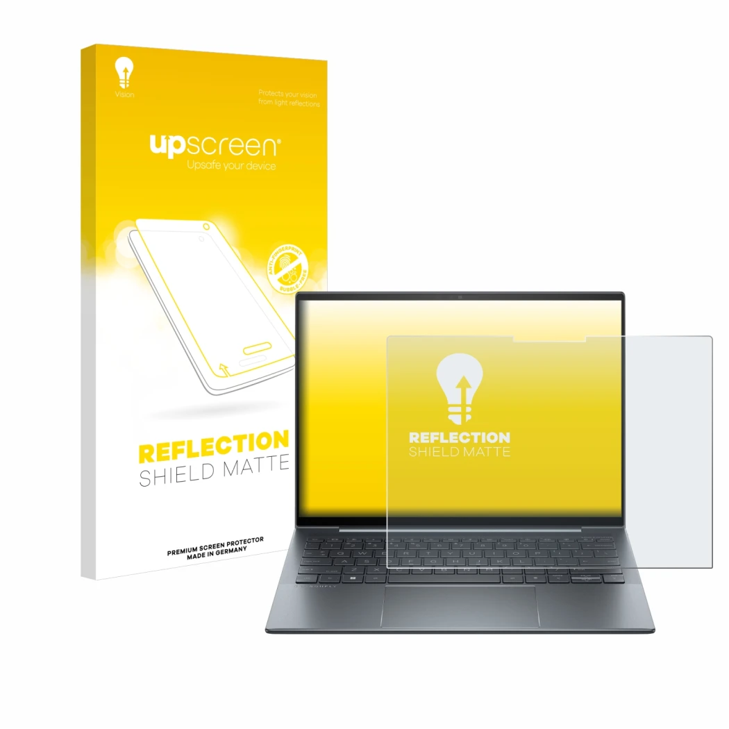 Face avant d’un emballage produit avec le logo de la marque upscreen. À côté, l’appareil HP Dragonfly 13.5