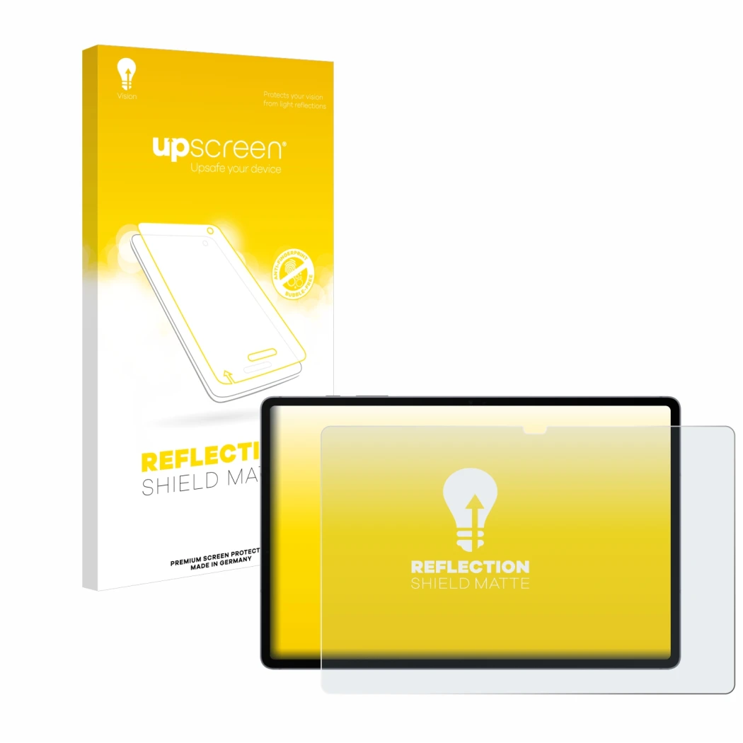 Face avant d’un emballage produit avec le logo de la marque upscreen. À côté, l’appareil Samsung Galaxy Tab S10 Plus 5G est re