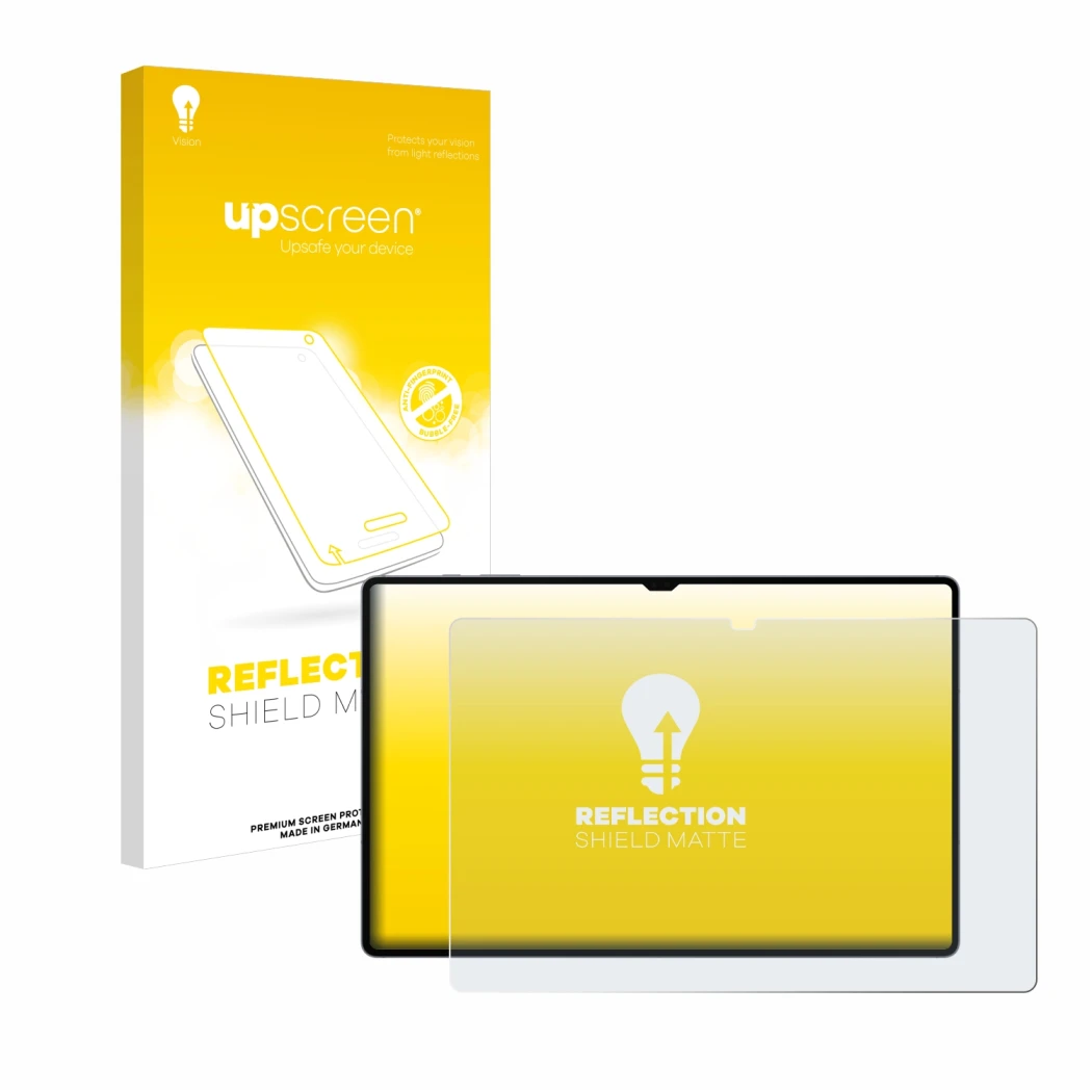 Face avant d’un emballage produit avec le logo de la marque upscreen. À côté, l’appareil Samsung Galaxy Tab S10 Ultra 5G est r