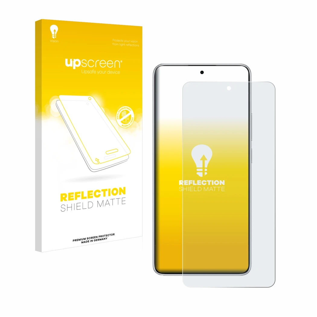 Face avant d’un emballage produit avec le logo de la marque upscreen. À côté, l’appareil Xiaomi Redmi Note 14 est représenté a