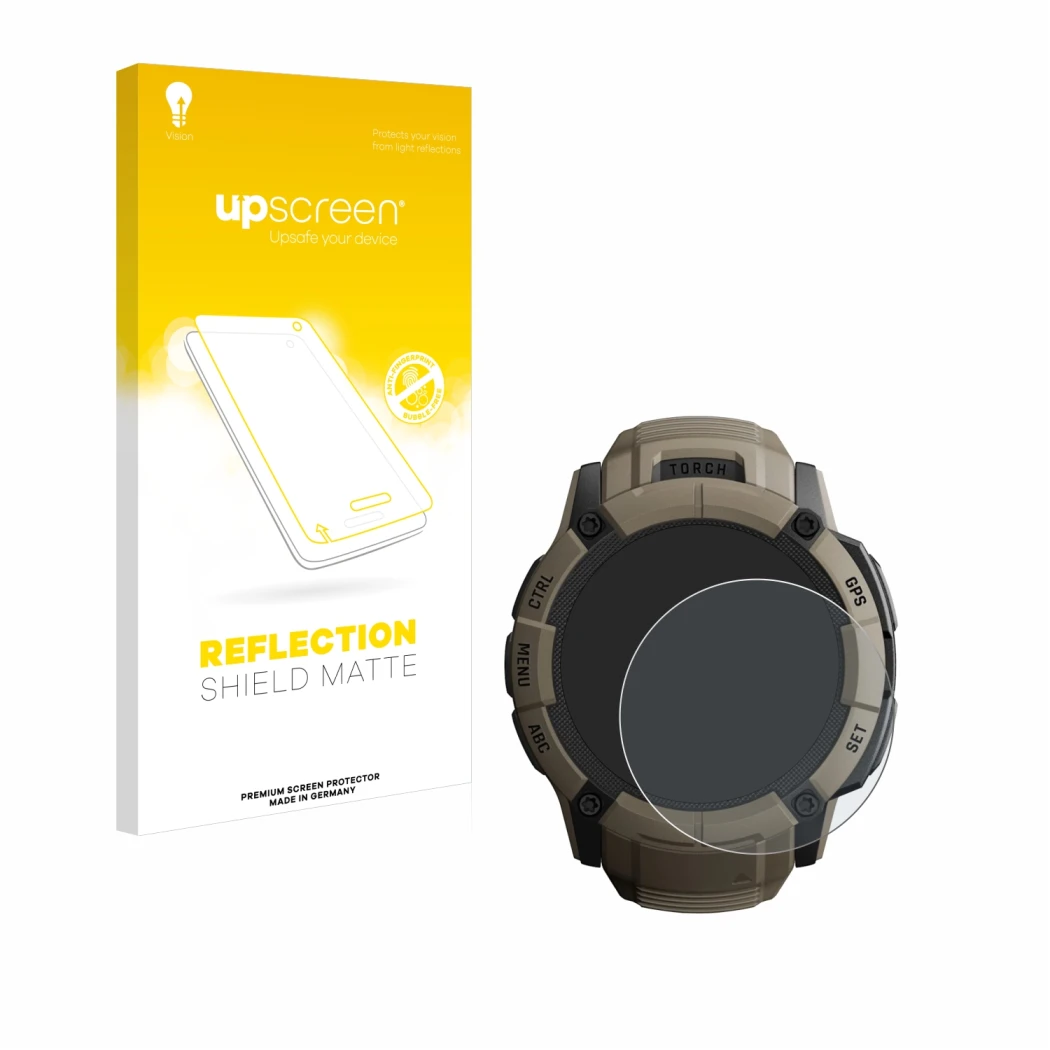 Face avant d’un emballage produit avec le logo de la marque upscreen. À côté, l’appareil Garmin Instinct 2X Solar Tactical Edi