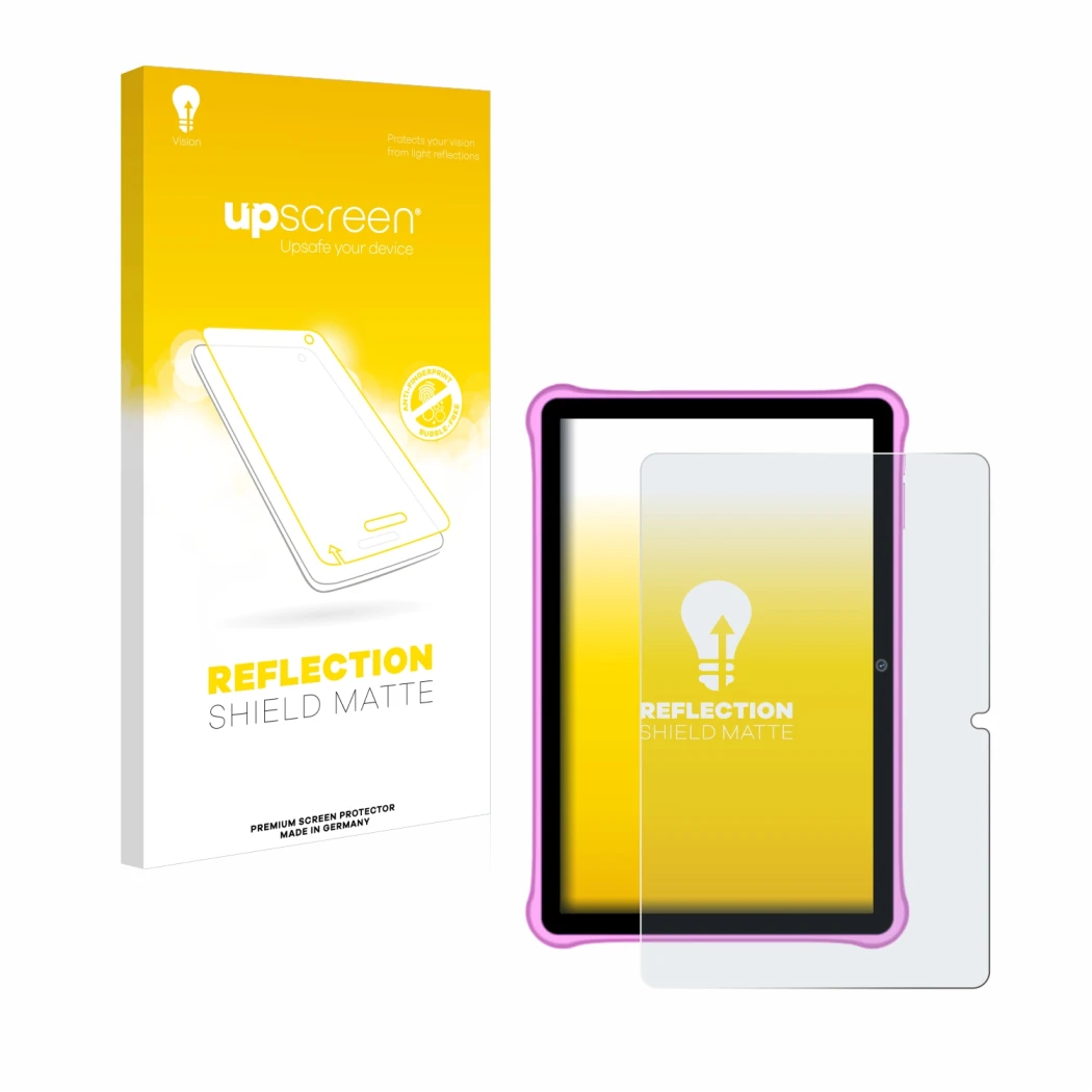 Face avant d’un emballage produit avec le logo de la marque upscreen. À côté, l’appareil Blackview Tab A7 Kids est représenté 