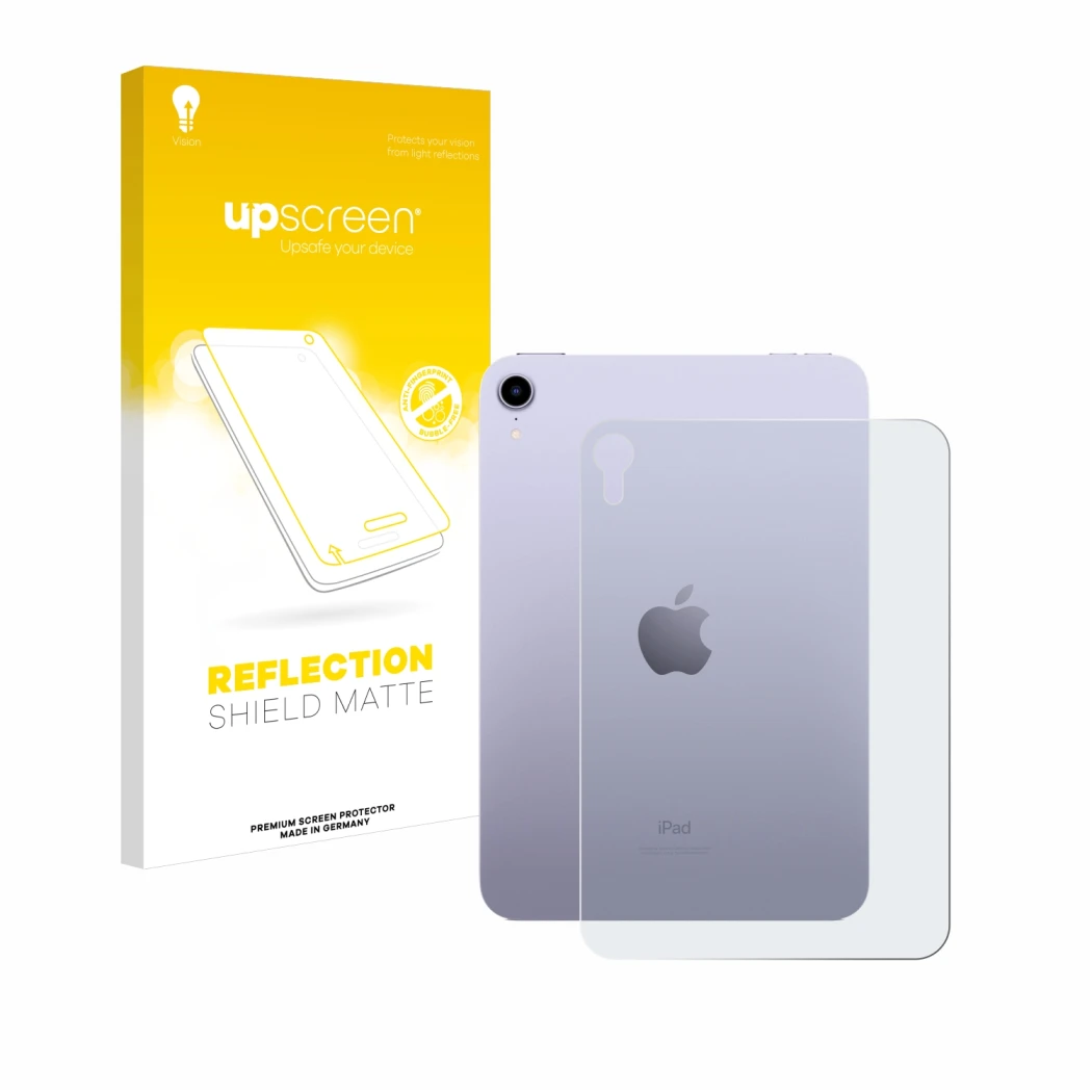 Face avant d’un emballage produit avec le logo de la marque upscreen. À côté, l’appareil Apple iPad Mini 7 2024 (Arrière) est 