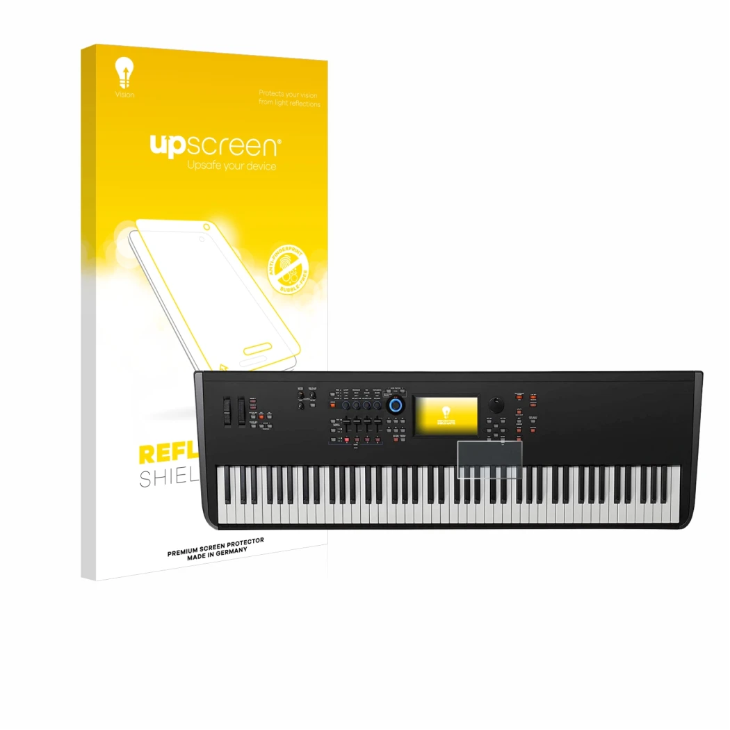 Face avant d’un emballage produit avec le logo de la marque upscreen. À côté, l’appareil Yamaha MODX8+ est représenté avec la