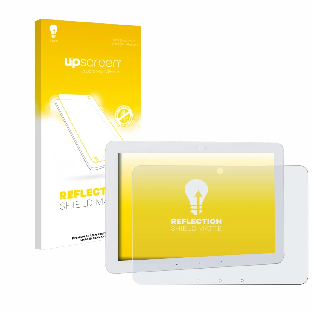 Face avant d’un emballage produit avec le logo de la marque upscreen. À côté, l’appareil Amazon Echo Hub 8