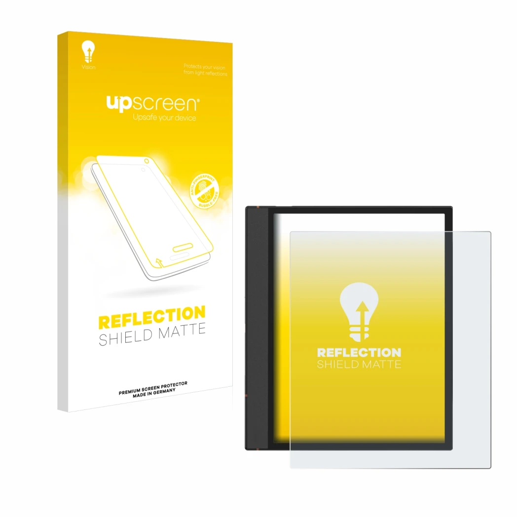 Face avant d’un emballage produit avec le logo de la marque upscreen. À côté, l’appareil Boox Note Air 4 C est représenté avec