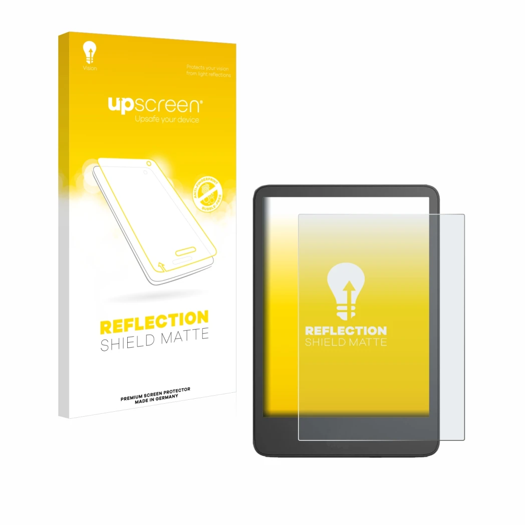 Face avant d’un emballage produit avec le logo de la marque upscreen. À côté, l’appareil Amazon Kindle 2024 est représenté ave