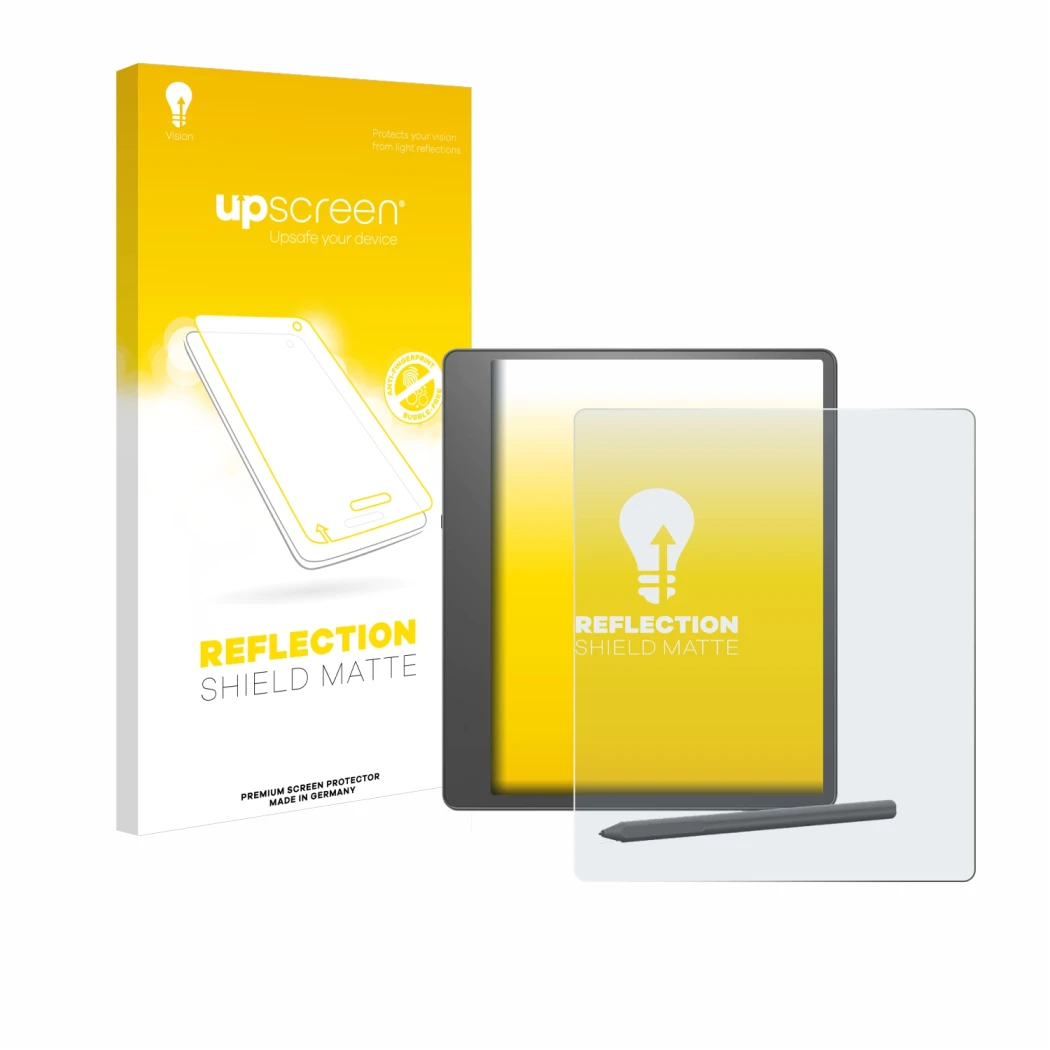 Face avant d’un emballage produit avec le logo de la marque upscreen. À côté, l’appareil Amazon Kindle Scribe 2024 est représe