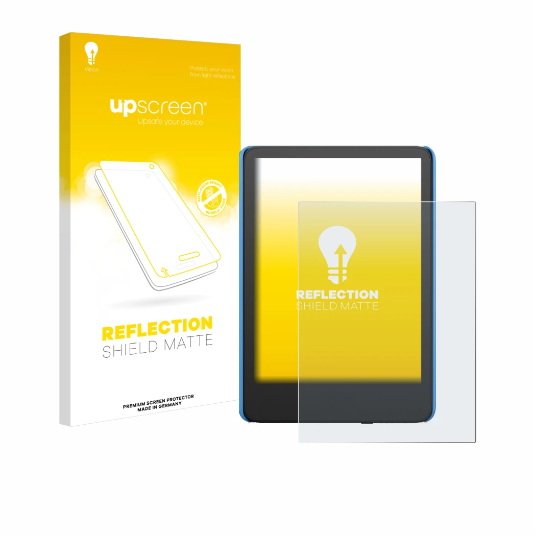 Face avant d’un emballage produit avec le logo de la marque upscreen. À côté, l’appareil Amazon Kindle Kids (2024) est représe