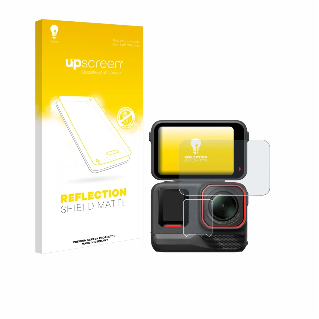 Face avant d’un emballage produit avec le logo de la marque upscreen. À côté, l’appareil Insta360 Ace Pro 2 est représenté ave