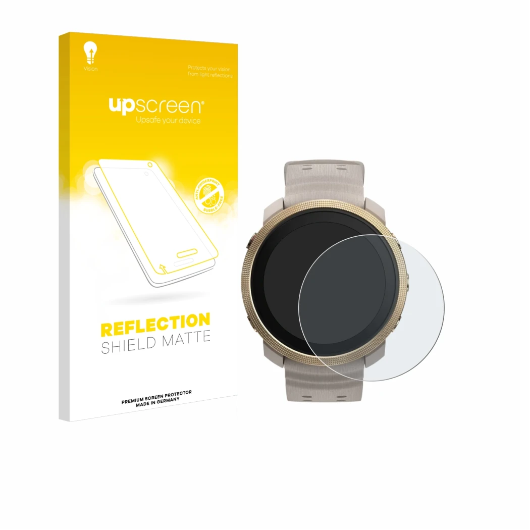 Face avant d’un emballage produit avec le logo de la marque upscreen. À côté, l’appareil Polar Vantage M3 est représenté avec 