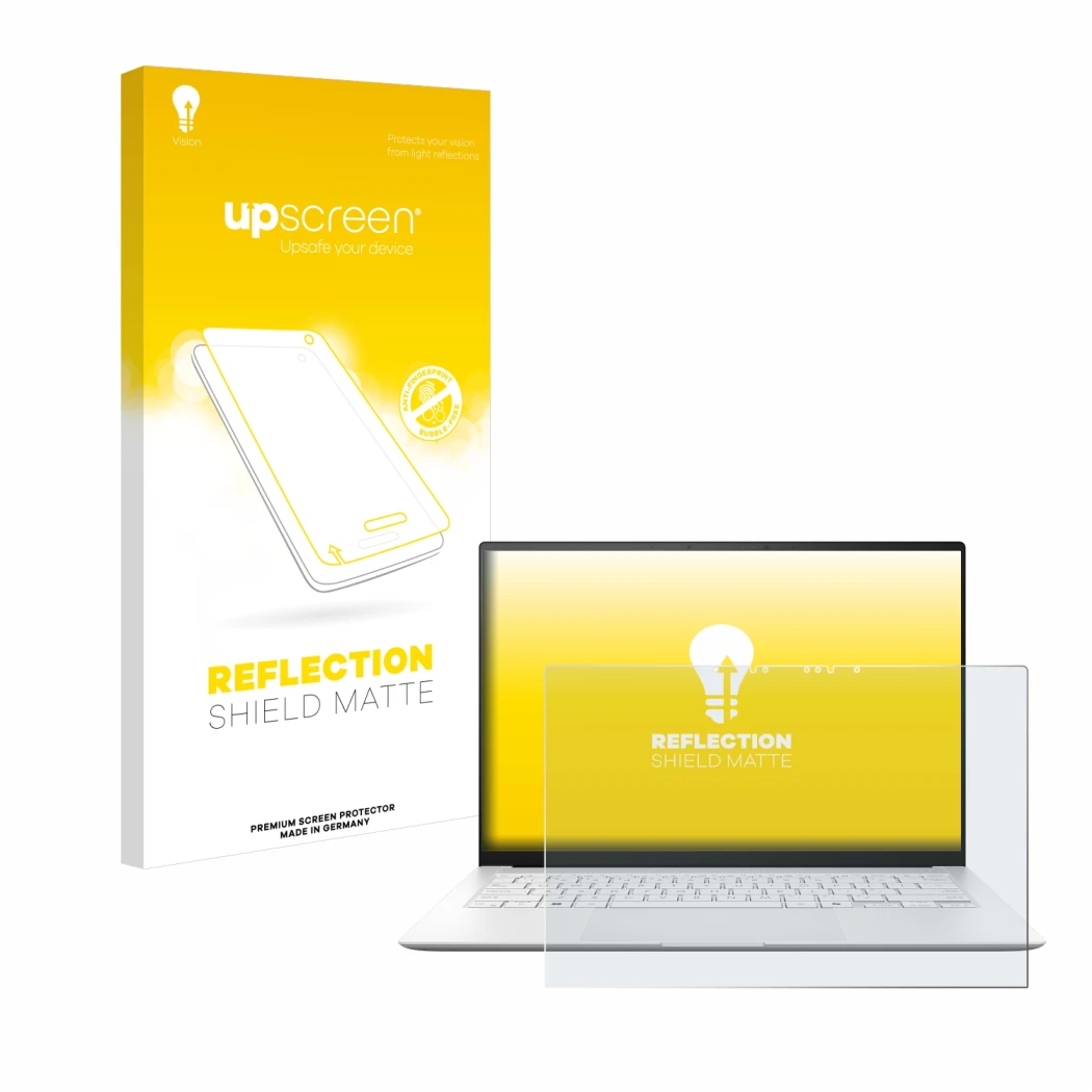 Face avant d’un emballage produit avec le logo de la marque upscreen. À côté, l’appareil ASUS ZenBook S 14 UX5406 est représen