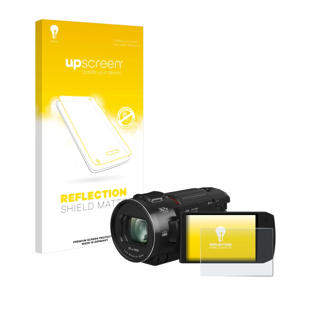 Face avant d’un emballage produit avec le logo de la marque upscreen. À côté, l’appareil Panasonic HC-VX3 est représenté avec 