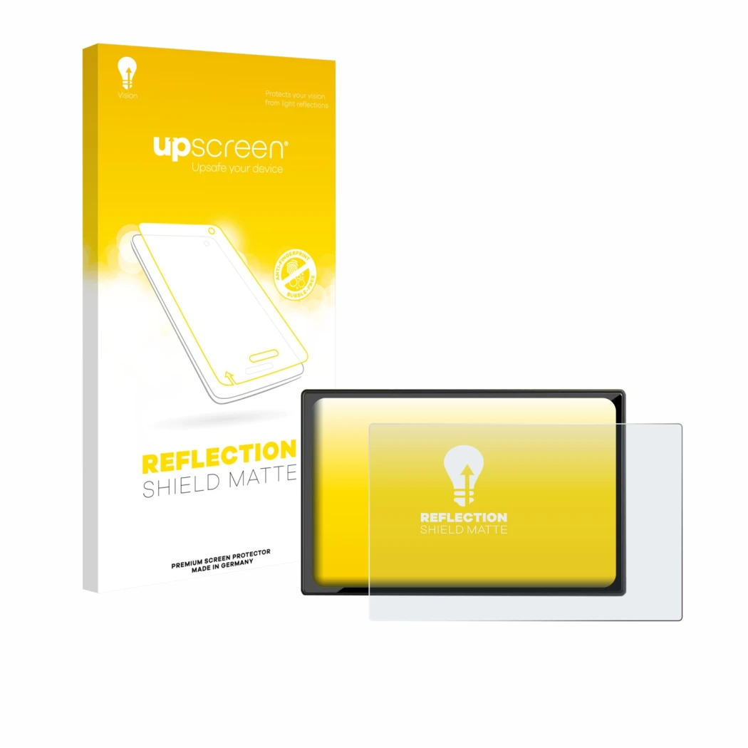 Face avant d’un emballage produit avec le logo de la marque upscreen. À côté, l’appareil Carpuride W901 Pro 9