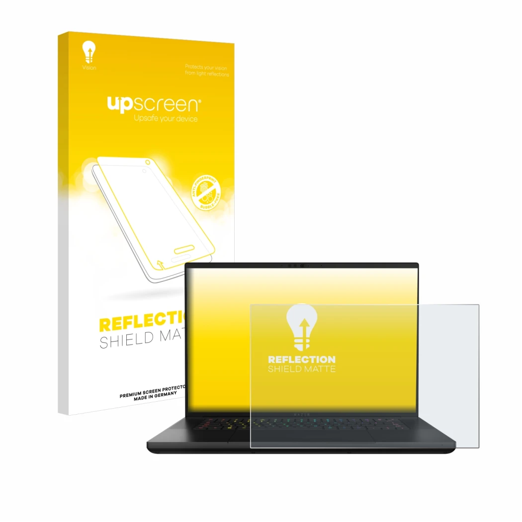 Face avant d’un emballage produit avec le logo de la marque upscreen. À côté, l’appareil Razer Blade 16 2024 est représenté av