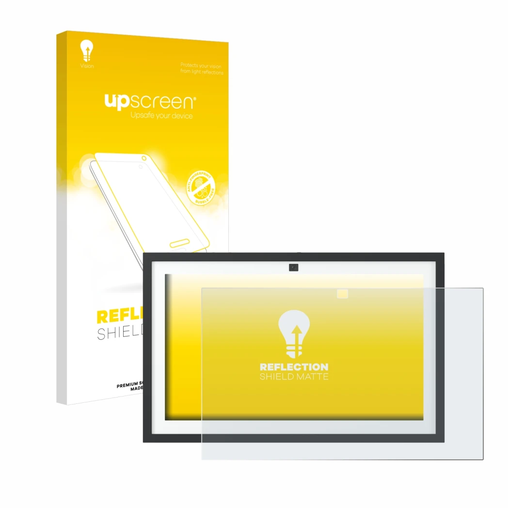 Face avant d’un emballage produit avec le logo de la marque upscreen. À côté, l’appareil Amazon Echo Show 15 2024 est représen