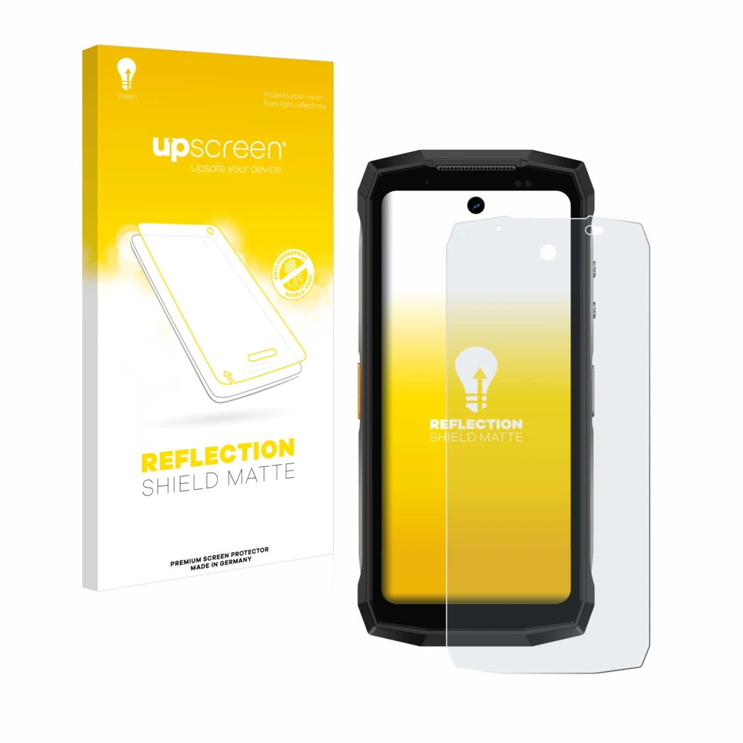 Face avant d’un emballage produit avec le logo de la marque upscreen. À côté, l’appareil Ulefone Armor Mini 20 Pro est représe