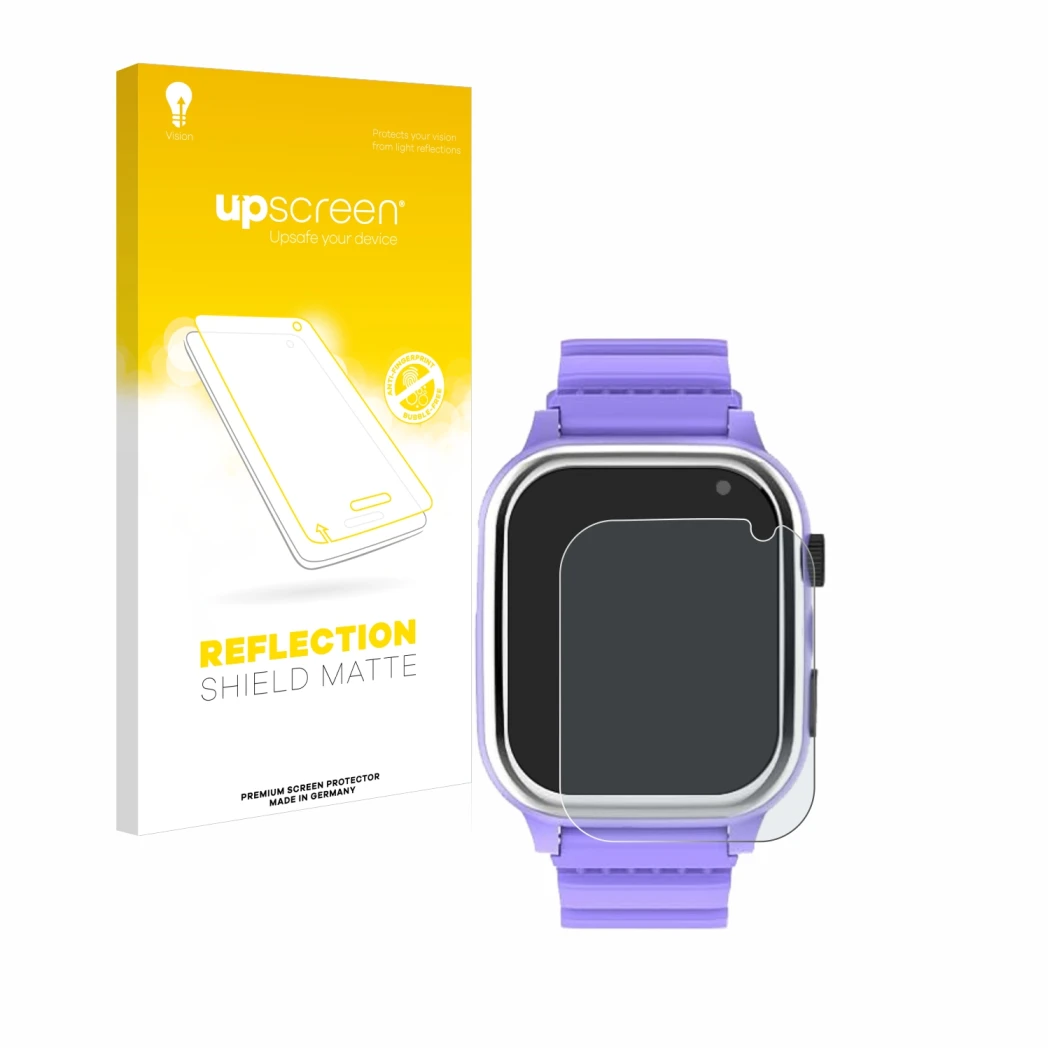 Face avant d’un emballage produit avec le logo de la marque upscreen. À côté, l’appareil Jubunrer Kids Smartwatch est représen