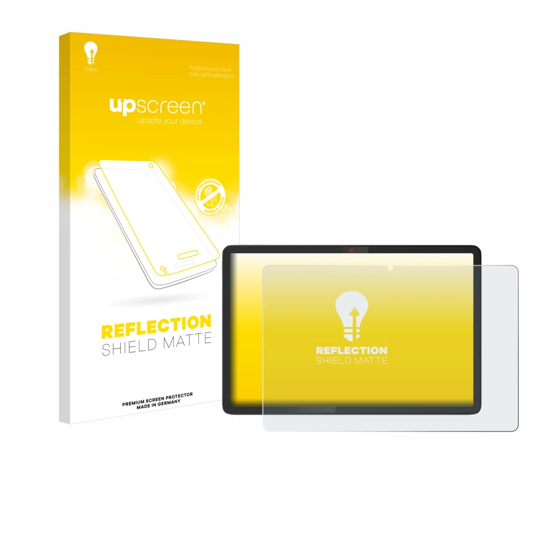 Face avant d’un emballage produit avec le logo de la marque upscreen. À côté, l’appareil Lenovo Chromebook Duet 11M889 est rep